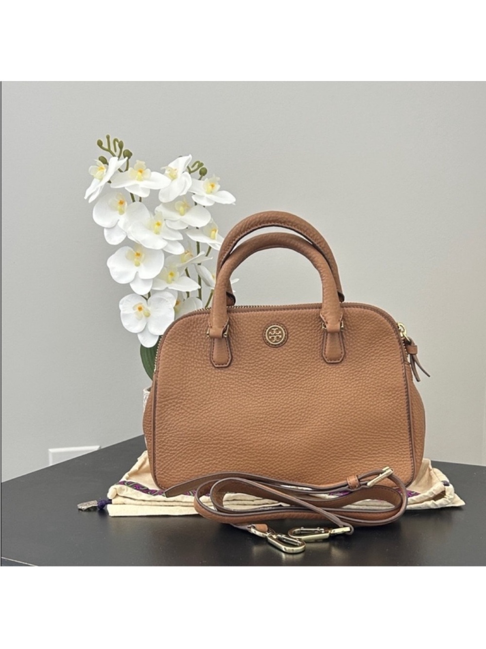 Tory Burch Caramel Tan Pebbled Leather Satchel with Strap